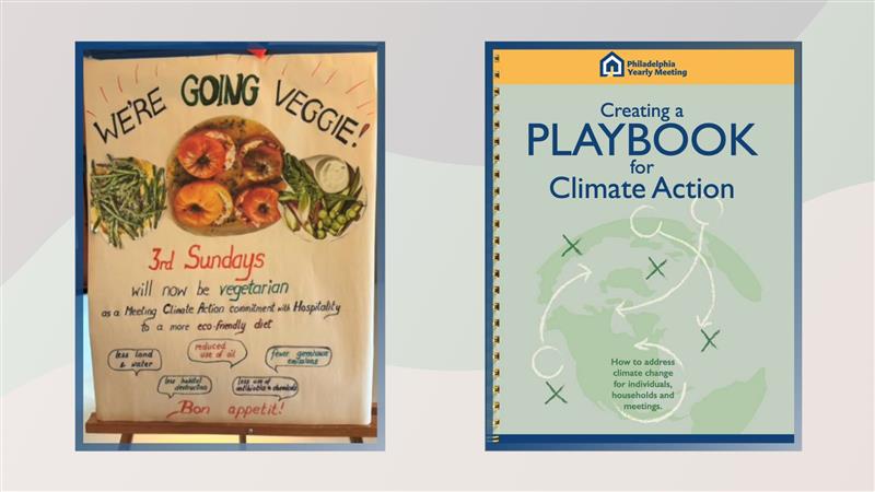 Chestnut Hill Friends Meeting climate action poster promoting vegetarian meals every third Sunday, alongside Philadelphia Yearly Meeting’s Playbook for Climate Action, encouraging eco-friendly dietary practices and sustainable initiatives.