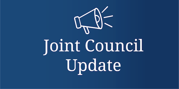 Blue graphic with a white megaphone icon and text that reads ‘Joint Council Update,’ representing the collaborative work and meeting updates from the Philadelphia Yearly Meeting’s Joint Council.