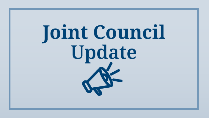 Blue graphic with a white megaphone icon and text that reads ‘Joint Council Update,’ representing the collaborative work and meeting updates from the Philadelphia Yearly Meeting’s Joint Council.