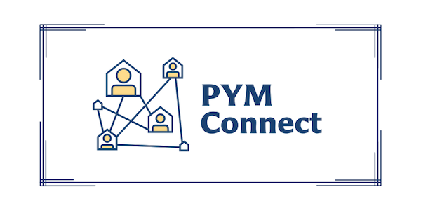 Logo for PYM Connect, the online Quaker community platform launching in January 2025. The image features interconnected house icons with user silhouettes, representing the platform’s focus on secure connections, collaboration, and resource sharing among Friends.