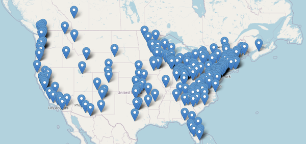 Interactive map of Quaker-led climate action projects and organizations in North America, highlighting environmental initiatives, collaboration opportunities, and Quaker Earthcare efforts. Features blue location markers for Monthly Meetings and climate justice projects.