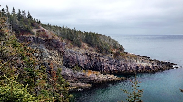 Newfoundland Peninsula with a mountain, ocean, and green trees. The backdrop is cloudy skies.