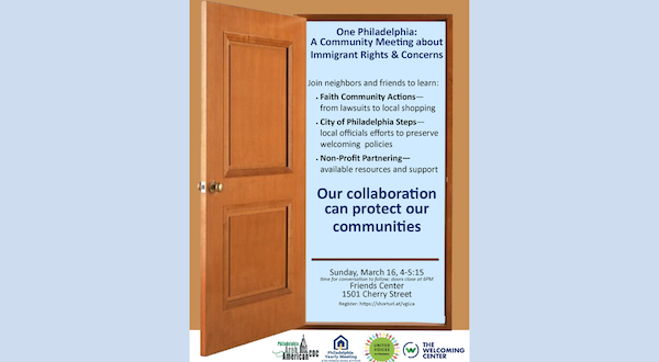 Join neighbors and friends to learn: Faith Community Actions - from lawsuits to local shopping City of Philadelphia Steps - local officials preserving welcoming policies Non-Profit Partnering - available resources and support Our collaboration can protect our Communities. This program was organized by PYM in collaboration with the following organizations: Philadelphia Arab American CDC United Voices for Philadelphia The Welcoming Center If you have any questions or technical difficulties, please contact Cecilia Filauro at cfilauro@pym.org.